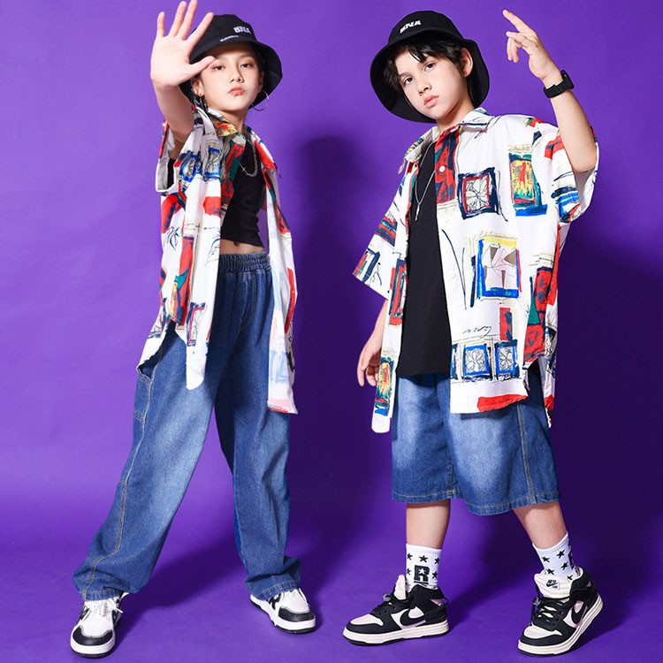 キッズダンス衣装 シャツ デニムパンツ 男の子 女の子 子供服 おしゃれ ゆるシャツ 衣装 ロングパンツ ダンス キッズダンス 韓国 ヒップホップ 衣装 キッズ 
