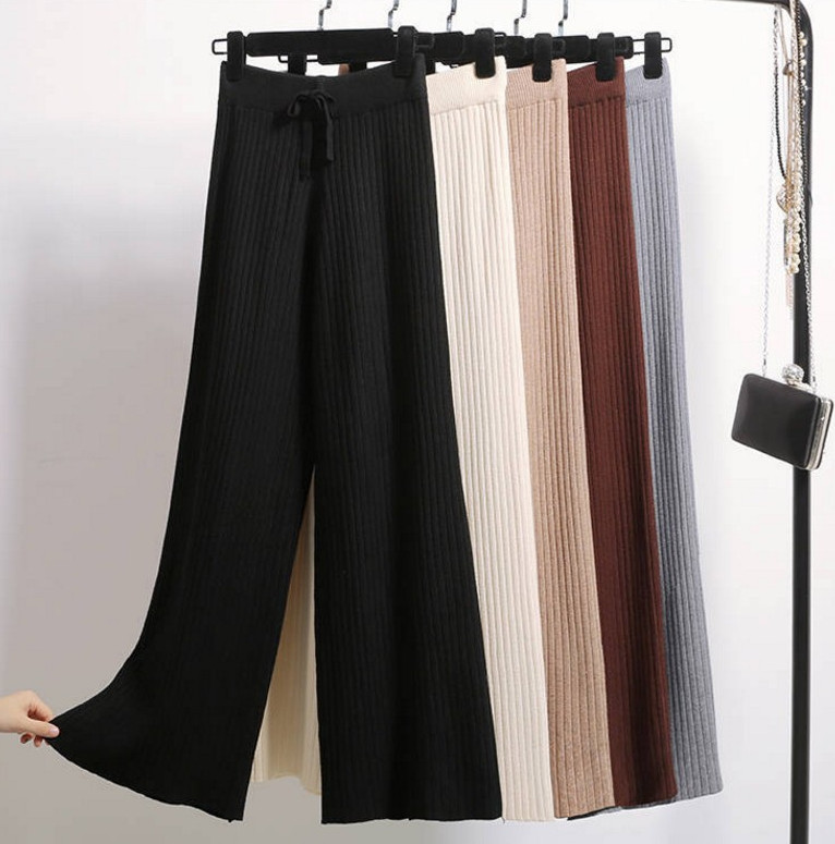 ニットパンツ レディース 春 秋 冬 リブパンツ ガウチョ ウエストゴム ストレートパンツ リブ 通勤 ワイドパンツ 楽ちん プリーツパンツ リラックス ゆるパンツ 