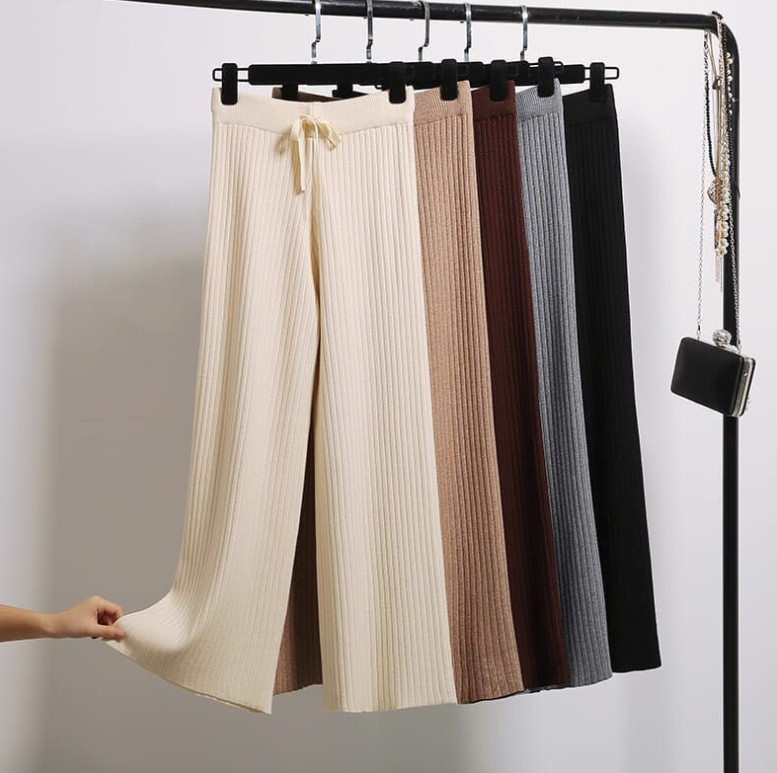ニットパンツ レディース 春 秋 冬 リブパンツ ガウチョ ウエストゴム ストレートパンツ リブ 通勤 ワイドパンツ 楽ちん プリーツパンツ リラックス ゆるパンツ 