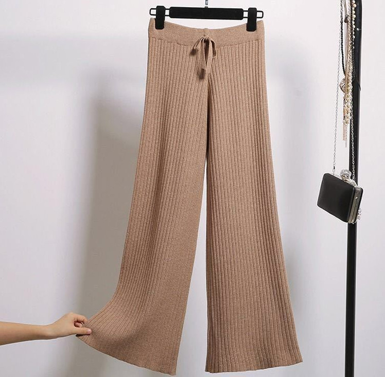 ニットパンツ レディース 春 秋 冬 リブパンツ ガウチョ ウエストゴム ストレートパンツ リブ 通勤 ワイドパンツ 楽ちん プリーツパンツ リラックス ゆるパンツ 