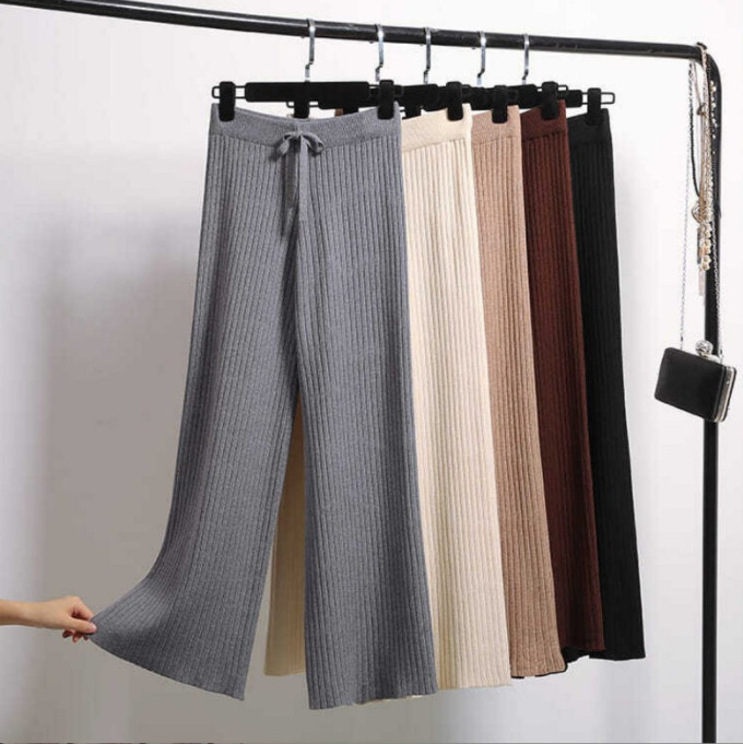 ニットパンツ レディース 春 秋 冬 リブパンツ ガウチョ ウエストゴム ストレートパンツ リブ 通勤 ワイドパンツ 楽ちん プリーツパンツ リラックス ゆるパンツ 