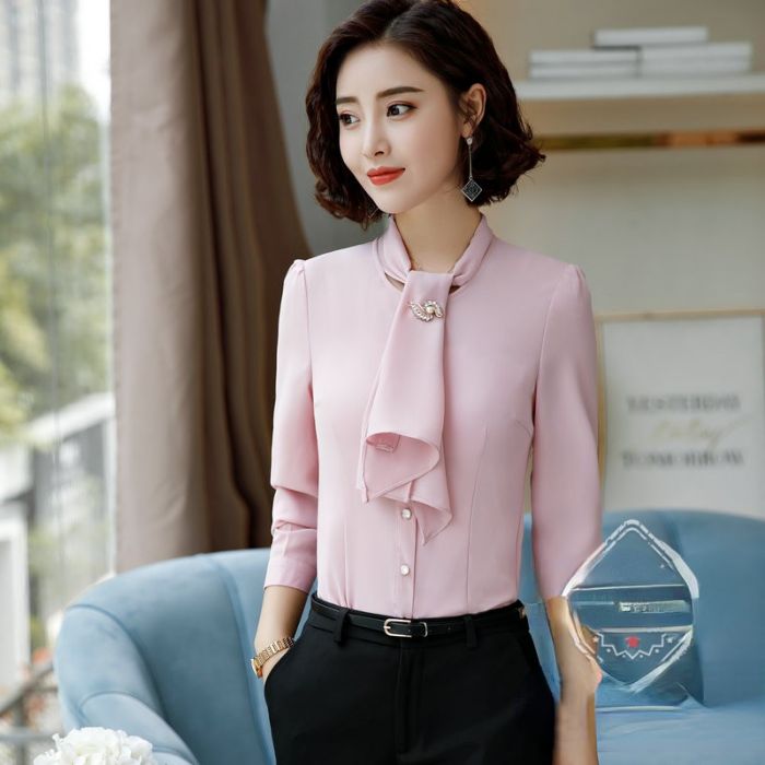 レディース シャツ ママシャツ 仕事服 2色選び トップス 着痩 ブラウス Vネック きれいめ オシャレ カジュアル風 春夏 長袖 