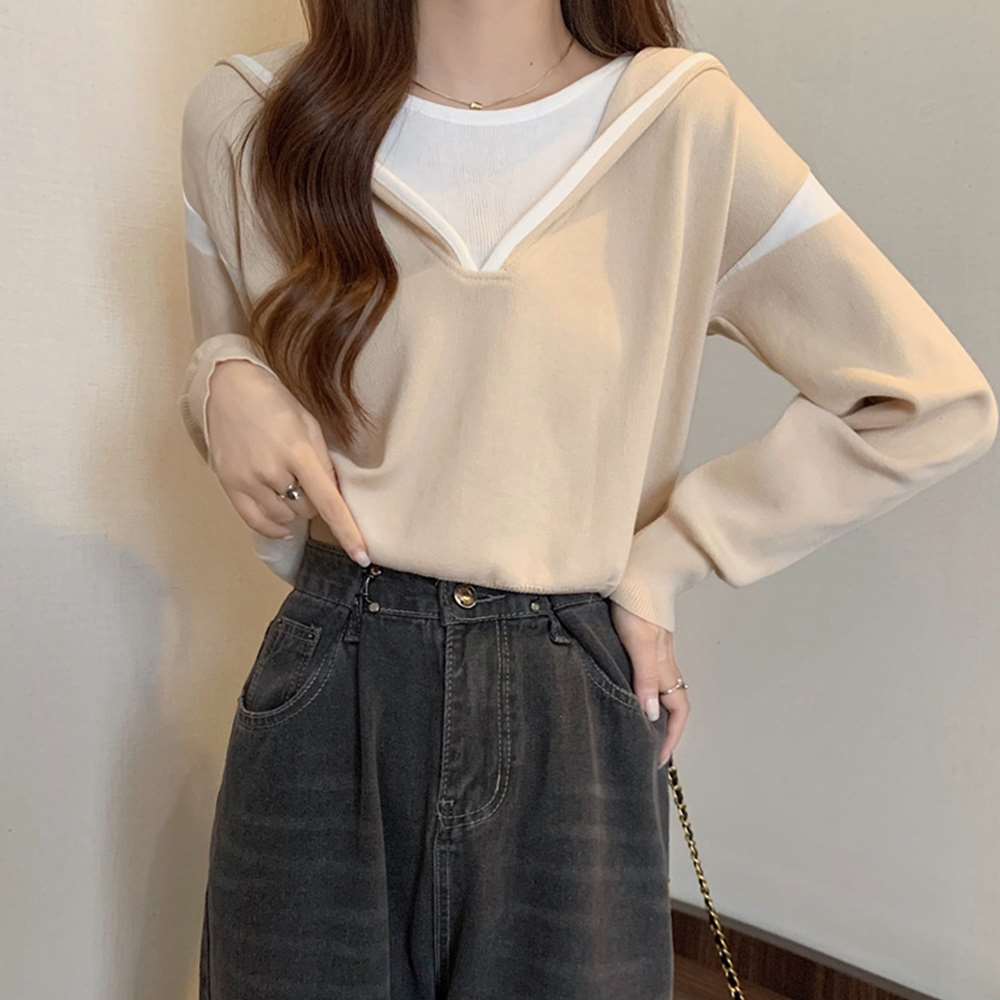 フード付き ニット トップス レイヤード風  