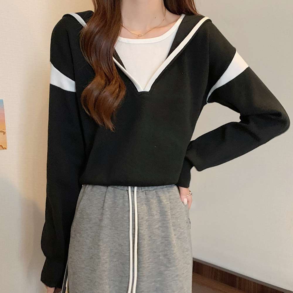 フード付き ニット トップス レイヤード風  