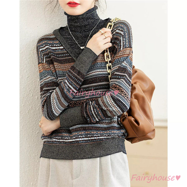 ニットトップス レディース 秋冬 40代 長袖セーター 配色 ハイネック セーター オシャレ 50代 30代 ゆったりプルオーバー 大人ニットインナー ショット丈 