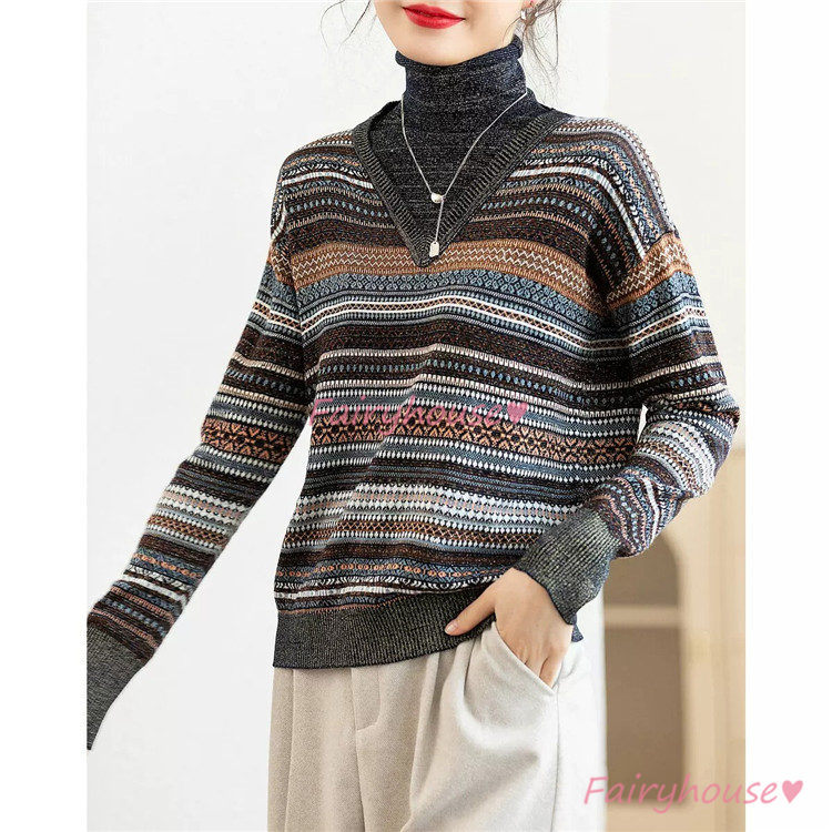 ニットトップス レディース 秋冬 40代 長袖セーター 配色 ハイネック セーター オシャレ 50代 30代 ゆったりプルオーバー 大人ニットインナー ショット丈 