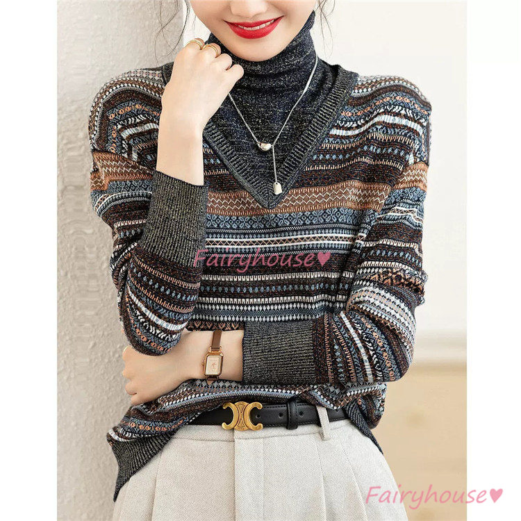 ニットトップス レディース 秋冬 40代 長袖セーター 配色 ハイネック セーター オシャレ 50代 30代 ゆったりプルオーバー 大人ニットインナー ショット丈 