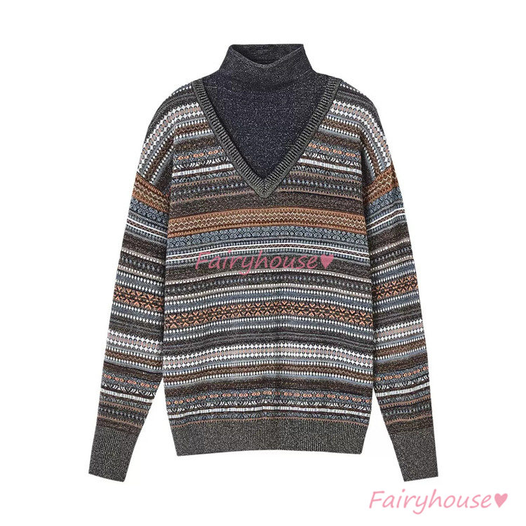 ニットトップス レディース 秋冬 40代 長袖セーター 配色 ハイネック セーター オシャレ 50代 30代 ゆったりプルオーバー 大人ニットインナー ショット丈 