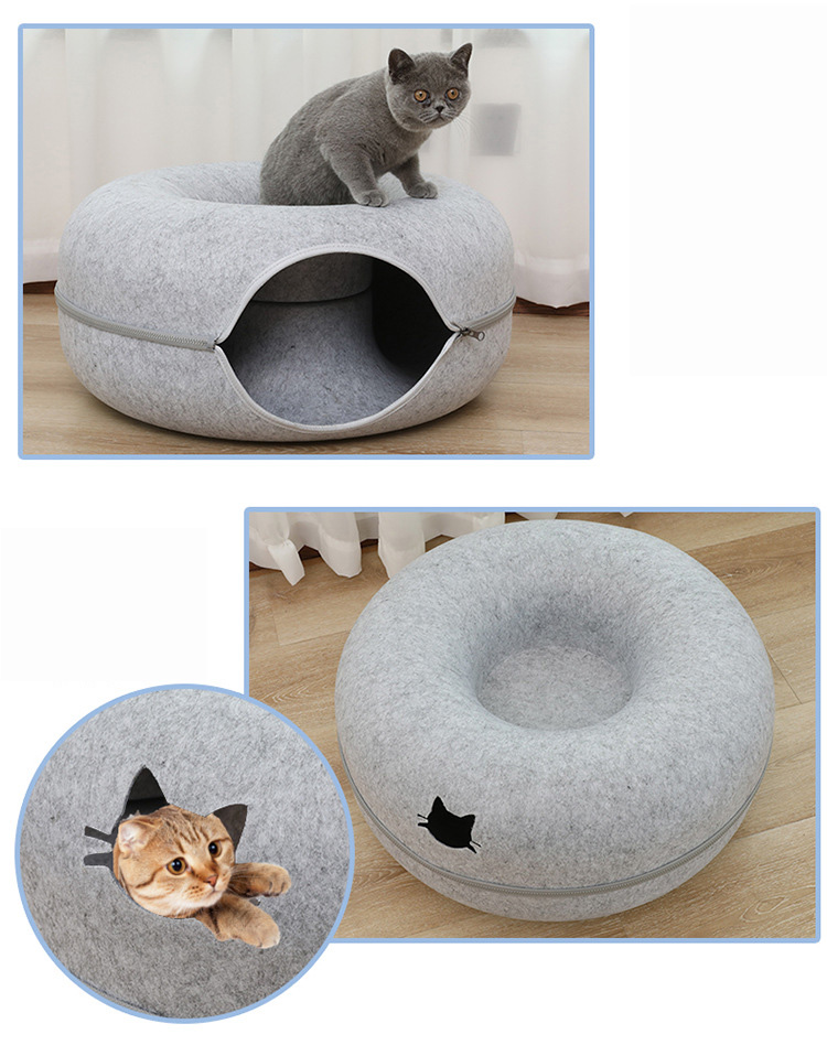 ドーナツ型 キャットトンネル 洗える フエルト製 ペットベッド ドーム型 ねこハウス キャットハウス 寝床 ハウス ペットソファー おもちゃ 子猫 トンネル 猫 