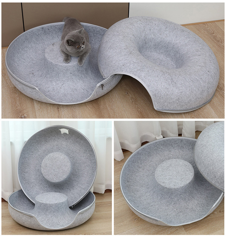 ドーナツ型 キャットトンネル 洗える フエルト製 ペットベッド ドーム型 ねこハウス キャットハウス 寝床 ハウス ペットソファー おもちゃ 子猫 トンネル 猫 