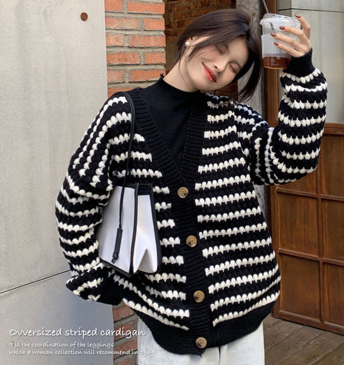 オーバーサイズ カーディガン レディース 秋冬 ボーダー カジュアル グリーン ブラック フリーサイズ ゆったり 