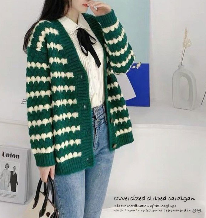 オーバーサイズ カーディガン レディース 秋冬 ボーダー カジュアル グリーン ブラック フリーサイズ ゆったり 