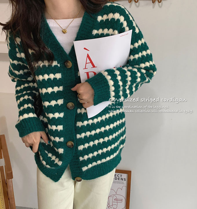 オーバーサイズ カーディガン レディース 秋冬 ボーダー カジュアル グリーン ブラック フリーサイズ ゆったり 