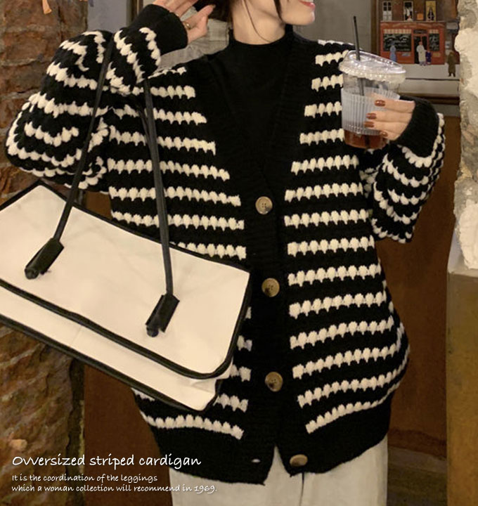 オーバーサイズ カーディガン レディース 秋冬 ボーダー カジュアル グリーン ブラック フリーサイズ ゆったり 