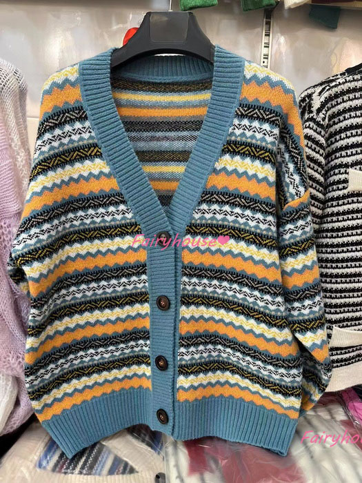 ニットカーディガン レディース 秋冬 40代 長袖ニットコーディガン 配色ボーダー 韓国風 Vネックカーディガン ショット丈セーター ゆったりアウター おしゃれ 
