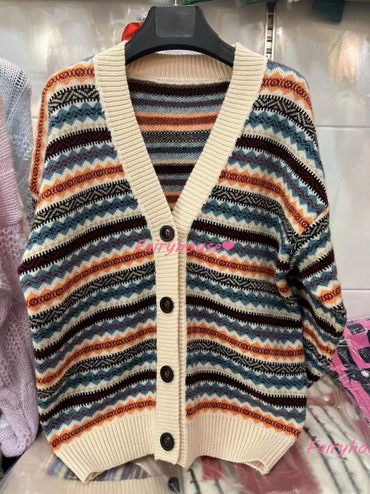 ニットカーディガン レディース 秋冬 40代 長袖ニットコーディガン 配色ボーダー 韓国風 Vネックカーディガン ショット丈セーター ゆったりアウター おしゃれ 