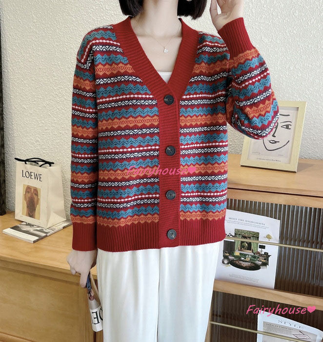 ニットカーディガン レディース 秋冬 40代 長袖ニットコーディガン 配色ボーダー 韓国風 Vネックカーディガン ショット丈セーター ゆったりアウター おしゃれ 