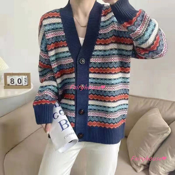 ニットカーディガン レディース 秋冬 40代 長袖ニットコーディガン 配色ボーダー 韓国風 Vネックカーディガン ショット丈セーター ゆったりアウター おしゃれ 