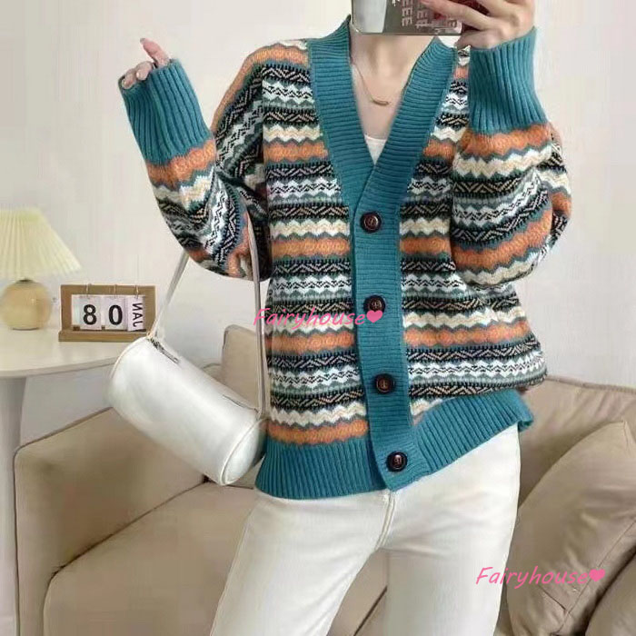 ニットカーディガン レディース 秋冬 40代 長袖ニットコーディガン 配色ボーダー 韓国風 Vネックカーディガン ショット丈セーター ゆったりアウター おしゃれ 