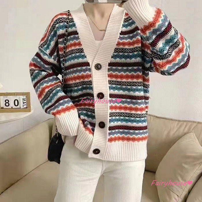 ニットカーディガン レディース 秋冬 40代 長袖ニットコーディガン 配色ボーダー 韓国風 Vネックカーディガン ショット丈セーター ゆったりアウター おしゃれ 
