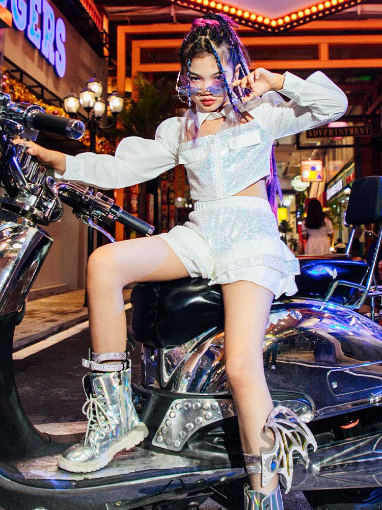ダンス 衣装 キッズ 可愛い 白 スパンセット ヒップホップ ジャズダンス 練習着 へそ出し ガールズ HIPHOP チアガール 応援団 