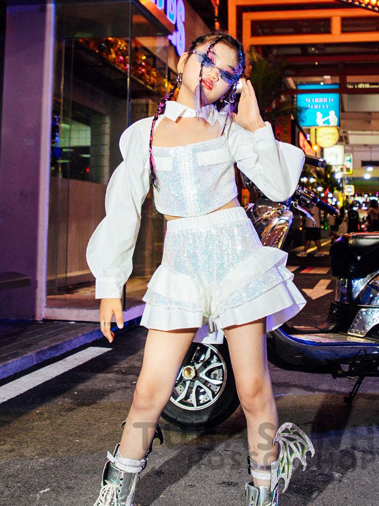 ダンス 衣装 キッズ 可愛い 白 スパンセット ヒップホップ ジャズダンス 練習着 へそ出し ガールズ HIPHOP チアガール 応援団 