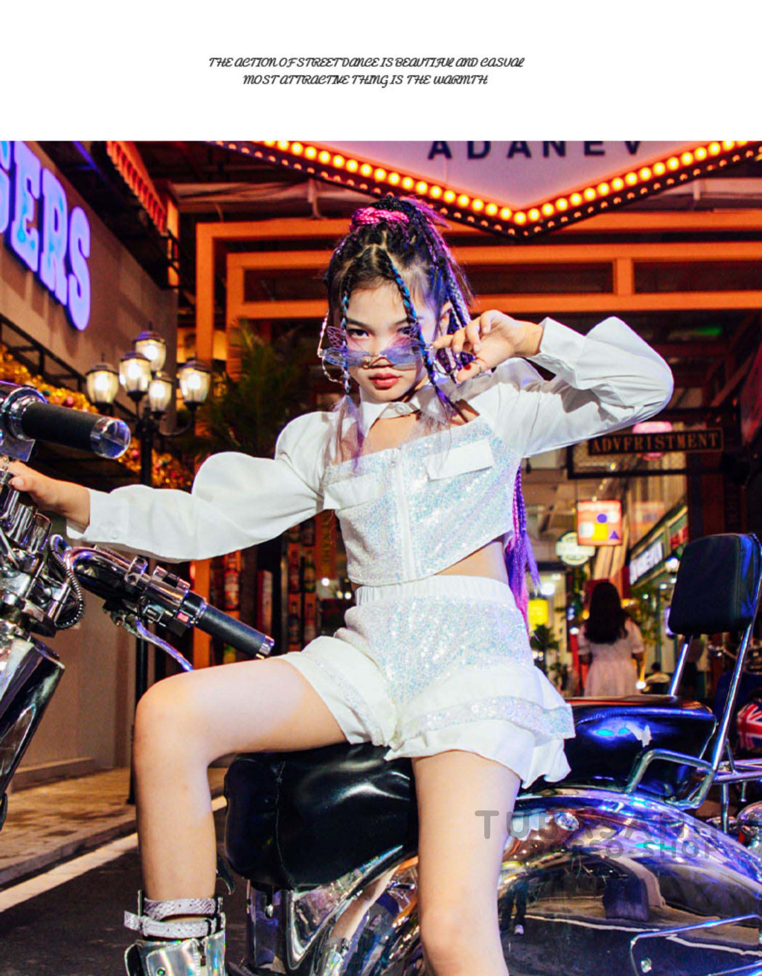 ダンス 衣装 キッズ 可愛い 白 スパンセット ヒップホップ ジャズダンス 練習着 へそ出し ガールズ HIPHOP チアガール 応援団 