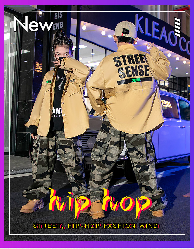 キッズダンス衣装 セットアップ ヒップホップ ファッション ミリタシャツ 迷彩パンツ ベージュ カモフラージュ 