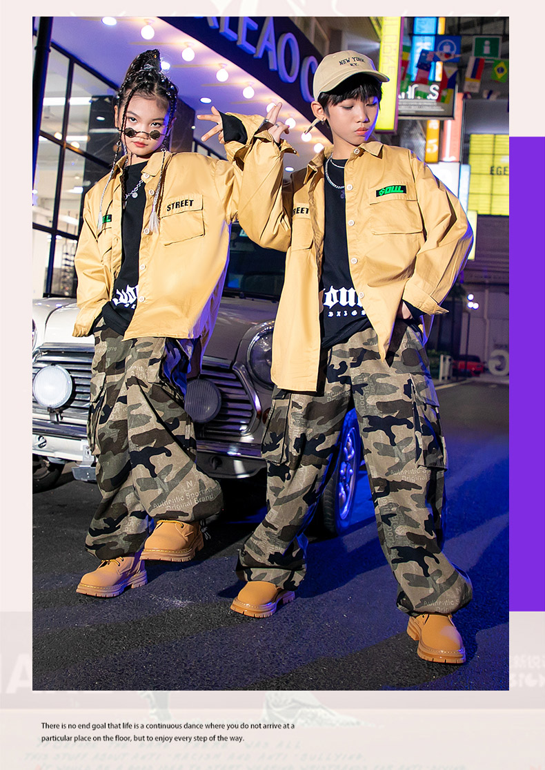 キッズダンス衣装 セットアップ ヒップホップ ファッション ミリタシャツ 迷彩パンツ ベージュ カモフラージュ 