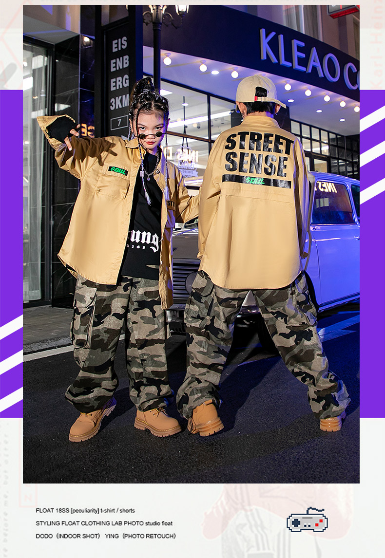 キッズダンス衣装 セットアップ ヒップホップ ファッション ミリタシャツ 迷彩パンツ ベージュ カモフラージュ 