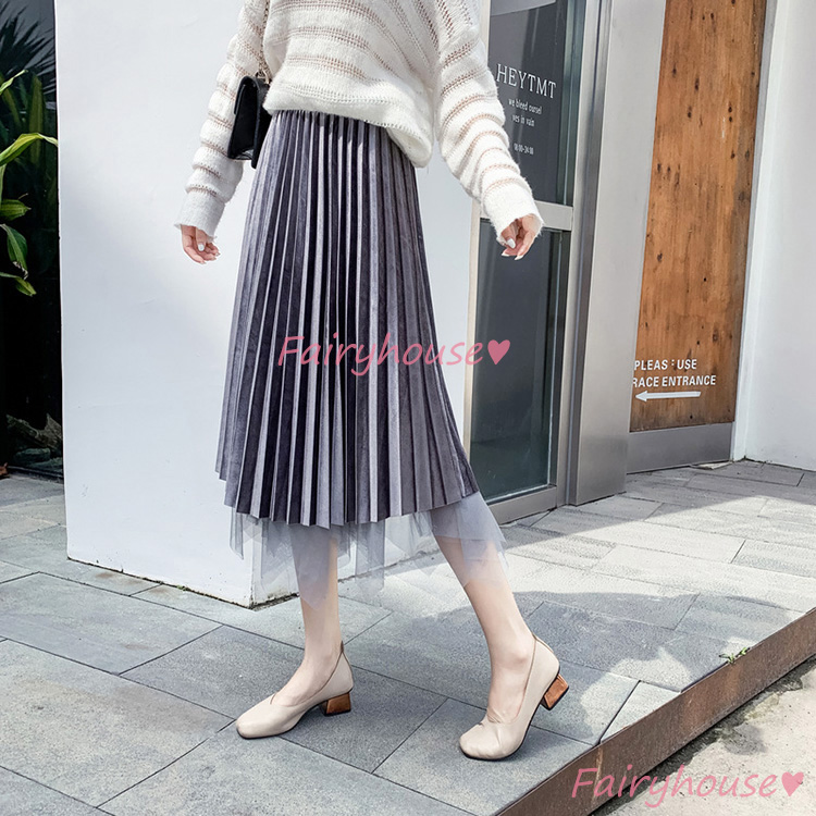 スカート 膝丈 秋冬 Aラインスカート ゴールデン プリーツスカート チュールスカート 40代 2WAY 体型カバー オシャレ ハイウェストボ大人 レディース 