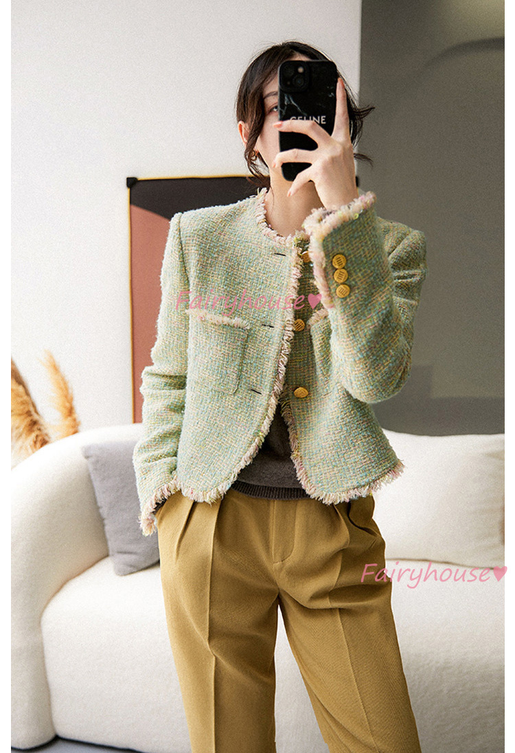 ツイードジャケット レディース 40代 長袖ノーカラージャケット ショット丈ツイードコート 春コートアウター 秋服 50代 卒業式30代 入学式 大人韓国風 通勤OL 