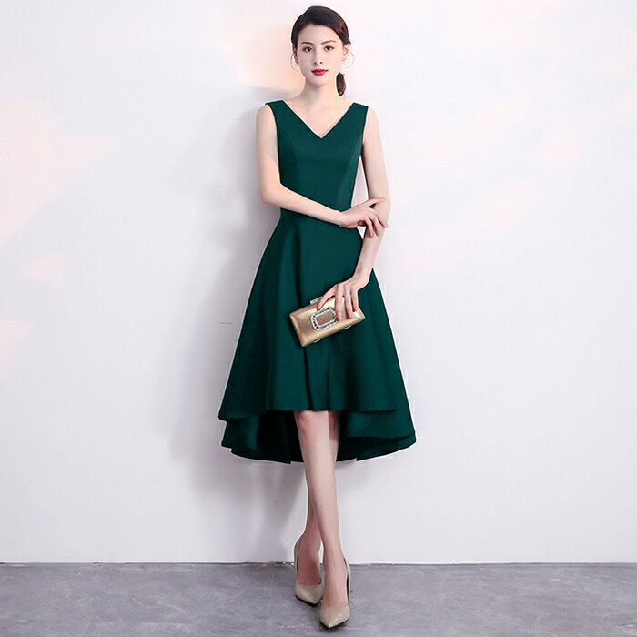 カラードレス パーティードレス 演奏会 発表会 イブニングドレス フォーマル ミディアムドレス コンサート カクテルドレス 袖なし Vネック グリーン コンクール 