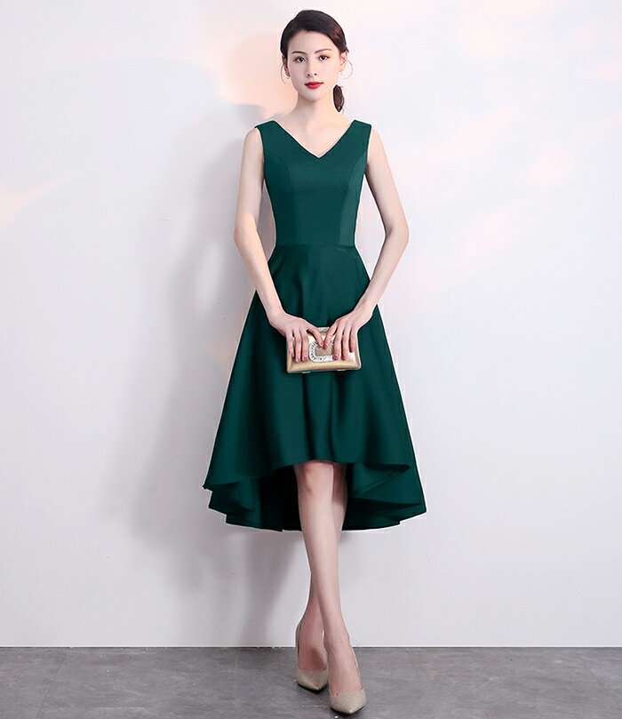 カラードレス パーティードレス 演奏会 発表会 イブニングドレス フォーマル ミディアムドレス コンサート カクテルドレス 袖なし Vネック グリーン コンクール 