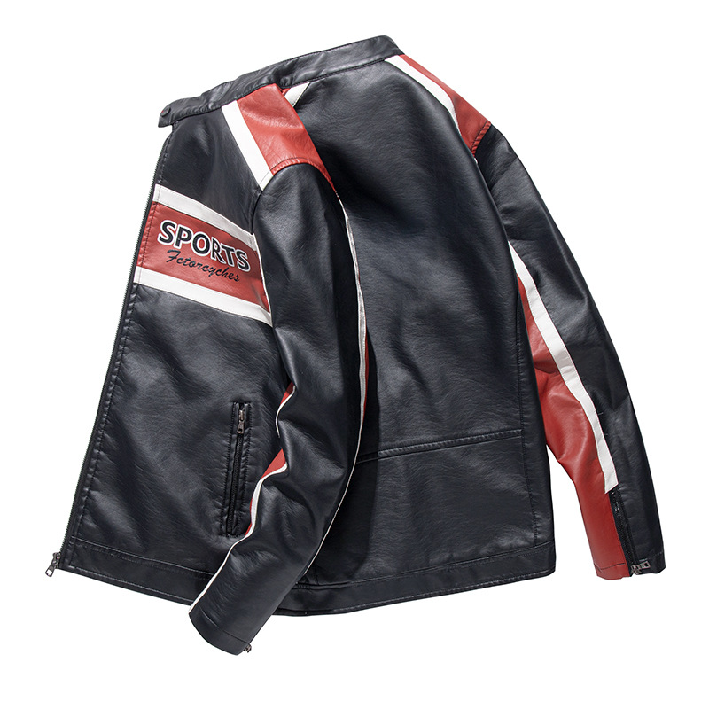 革ジャン PUレザー ジャケット バイク メンズ 立ち襟 カラー配色 おしゃれ 英文字 秋物 アメカジ ライダースジャケット バイク用ブルゾン 