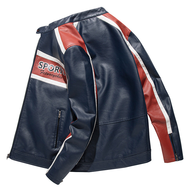 革ジャン PUレザー ジャケット バイク メンズ 立ち襟 カラー配色 おしゃれ 英文字 秋物 アメカジ ライダースジャケット バイク用ブルゾン 