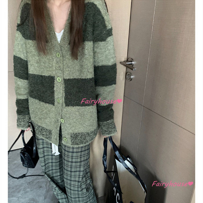 ニットカーディガン レディース 秋冬 40代 長袖ニットコーディガン 配色ボーダー ショット丈セーター ゆったりアウター おしゃれ Vネックカーディガン 韓国風 