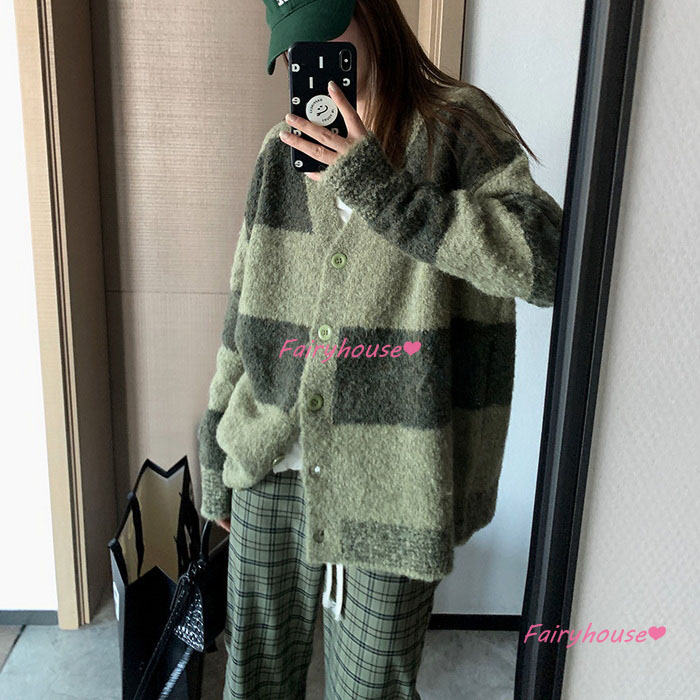 ニットカーディガン レディース 秋冬 40代 長袖ニットコーディガン 配色ボーダー ショット丈セーター ゆったりアウター おしゃれ Vネックカーディガン 韓国風 