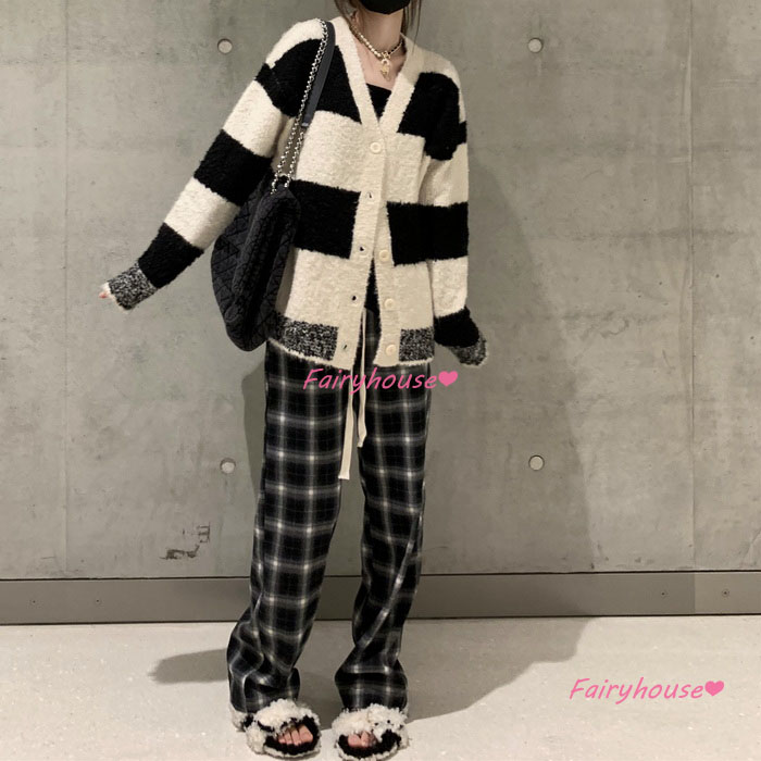 ニットカーディガン レディース 秋冬 40代 長袖ニットコーディガン 配色ボーダー ショット丈セーター ゆったりアウター おしゃれ Vネックカーディガン 韓国風 