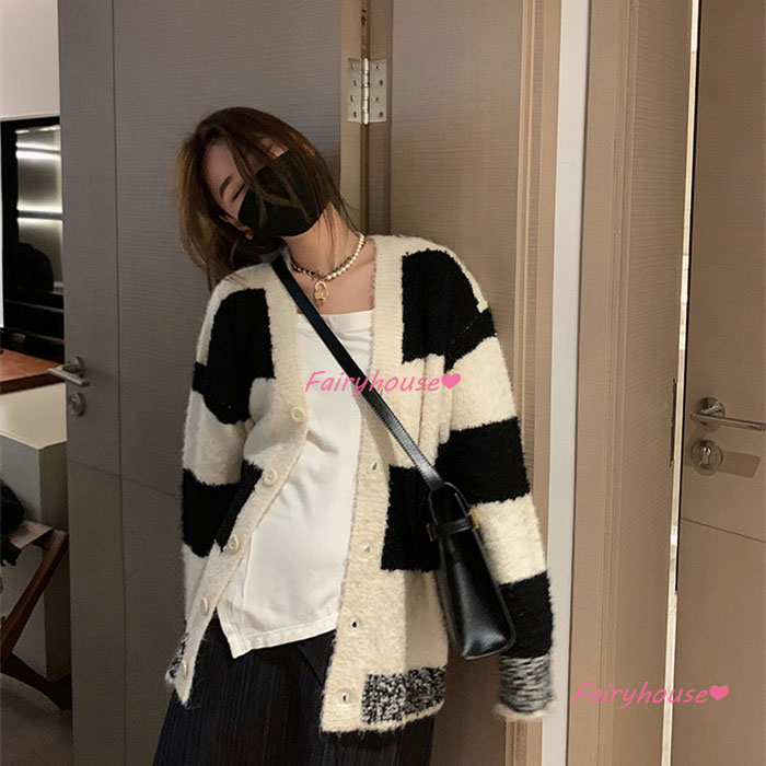 ニットカーディガン レディース 秋冬 40代 長袖ニットコーディガン 配色ボーダー ショット丈セーター ゆったりアウター おしゃれ Vネックカーディガン 韓国風 