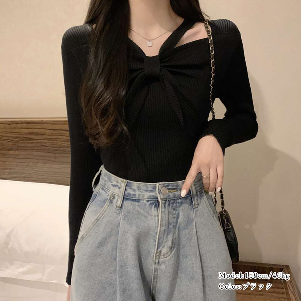 フロントリボン リブニット トップス 大人  