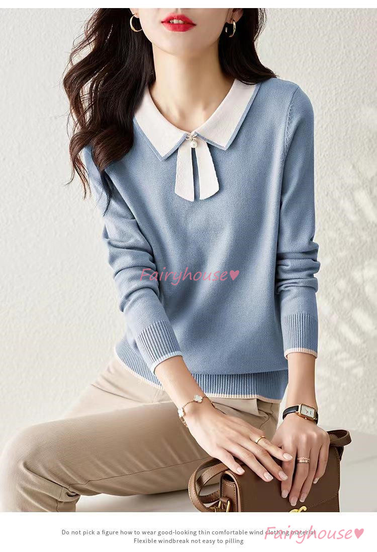 ニット セーター トップス レディース 秋冬 ラウンネック 着痩せ カジュアルニット ニットインナー 配色 長袖ニット オシャレ 40代 通勤 30代 きれいめ 