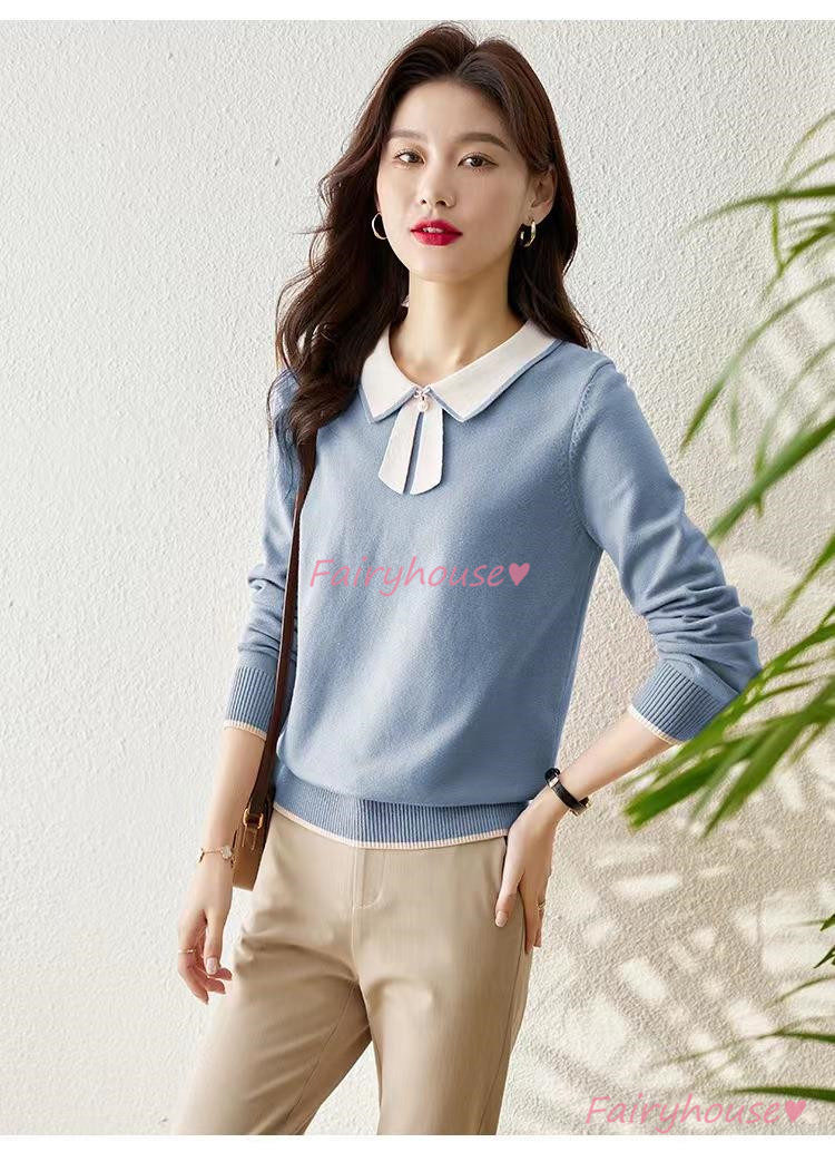 ニット セーター トップス レディース 秋冬 ラウンネック 着痩せ カジュアルニット ニットインナー 配色 長袖ニット オシャレ 40代 通勤 30代 きれいめ 