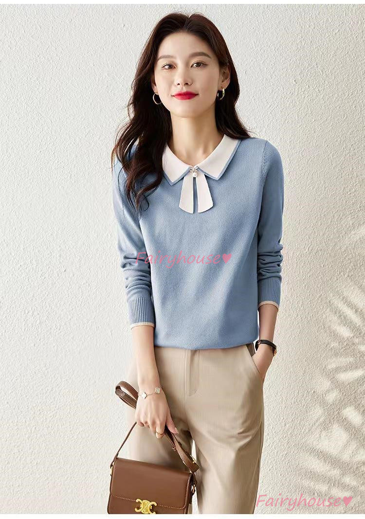 ニット セーター トップス レディース 秋冬 ラウンネック 着痩せ カジュアルニット ニットインナー 配色 長袖ニット オシャレ 40代 通勤 30代 きれいめ 