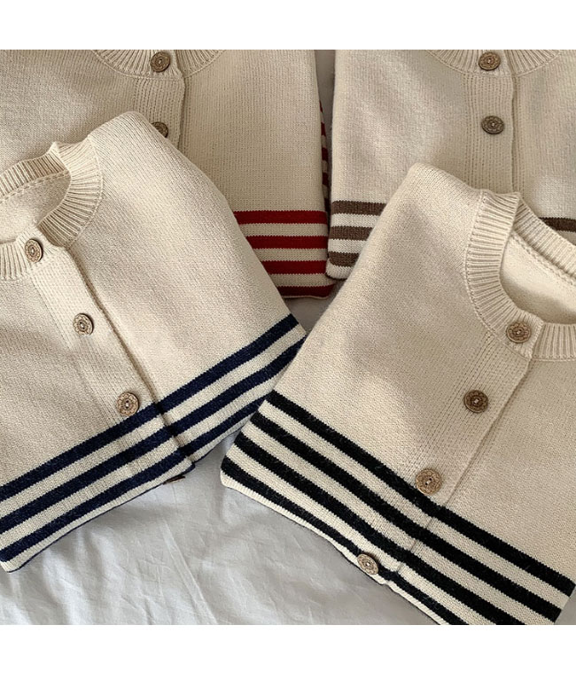 送料無料 ショートカーディガン ニット カーデ レディース ボーダー柄 前開き カーディガン ニットトップス ボタン付き ボーダーカーディガン レトロ 