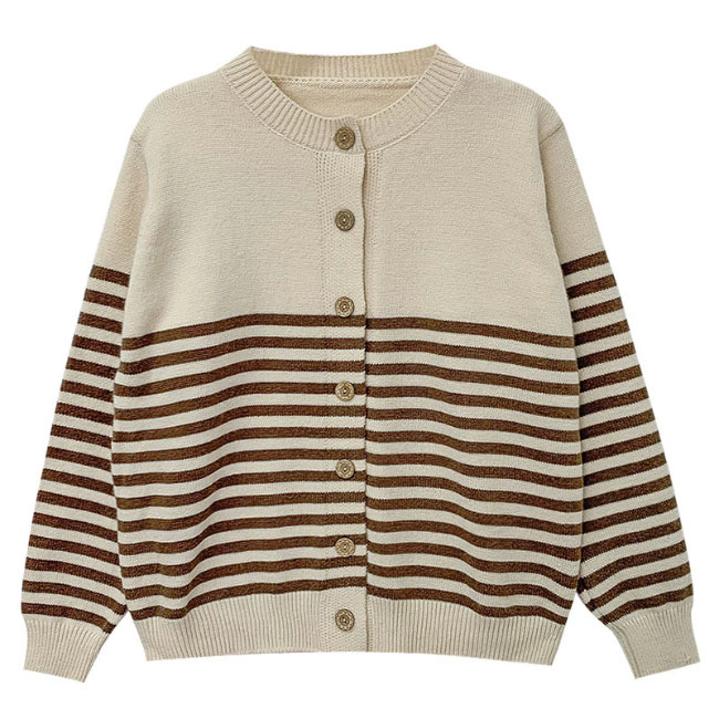 送料無料 ショートカーディガン ニット カーデ レディース ボーダー柄 前開き カーディガン ニットトップス ボタン付き ボーダーカーディガン レトロ 