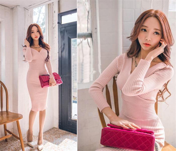 短納期！秋冬ワンピースタートルネックロング丈ニット ケーブル編みニットワンピース Aライン 袖付き Vネック 無地 通勤 二次会 カシュクールお呼ばれ 