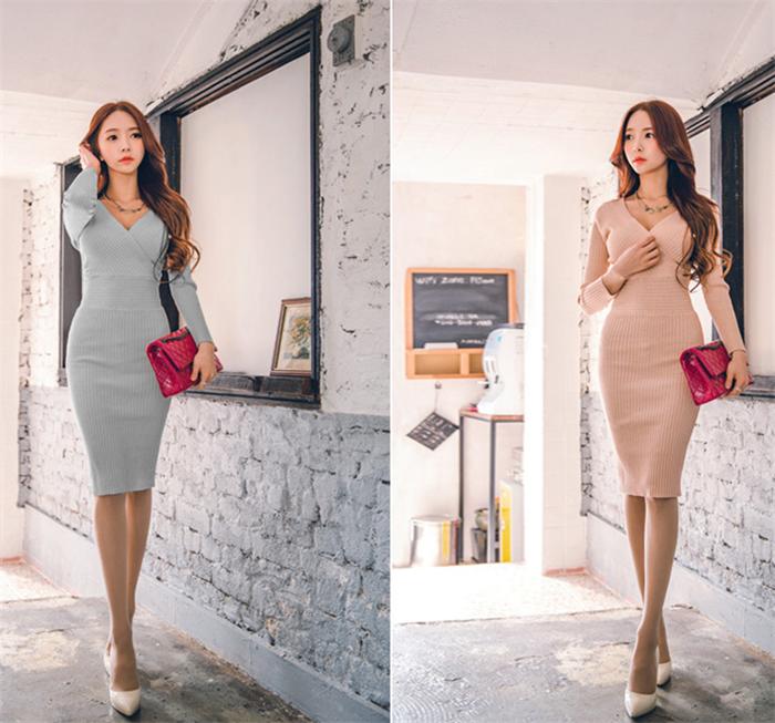 短納期！秋冬ワンピースタートルネックロング丈ニット ケーブル編みニットワンピース Aライン 袖付き Vネック 無地 通勤 二次会 カシュクールお呼ばれ 