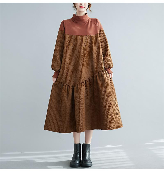 ワンピース レディース 40代 春秋 冬 長袖 着痩せ お洒落 大きいサイズ 体型カバー ロングワンピース カジュアルゆったり ハイネック シンプル 着痩せ 通勤 