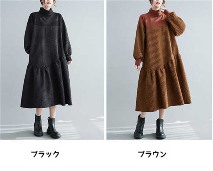 ワンピース レディース 40代 春秋 冬 長袖 着痩せ お洒落 大きいサイズ 体型カバー ロングワンピース カジュアルゆったり ハイネック シンプル 着痩せ 通勤 